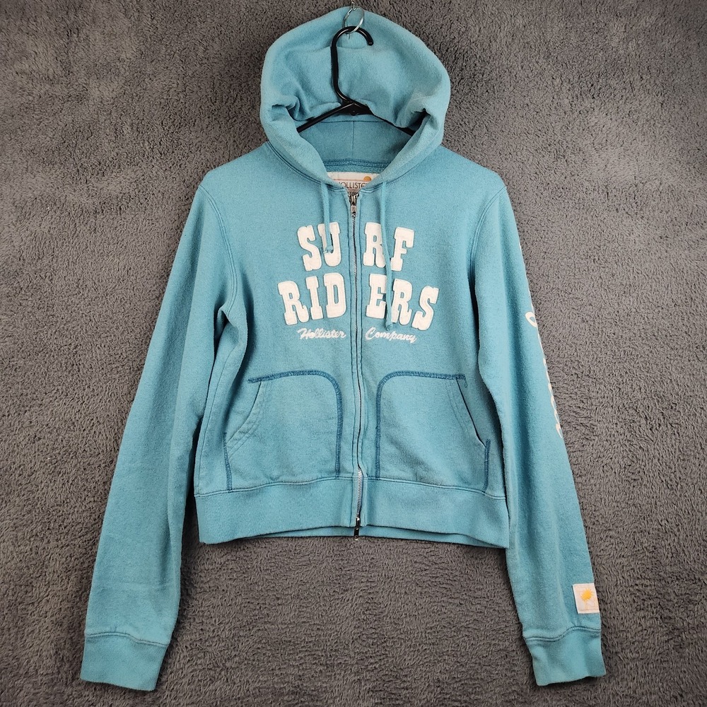 VTG Hollister Hoodie Large Sweatshirt Y2K Full Zip Puff Print Surf Riders RARE